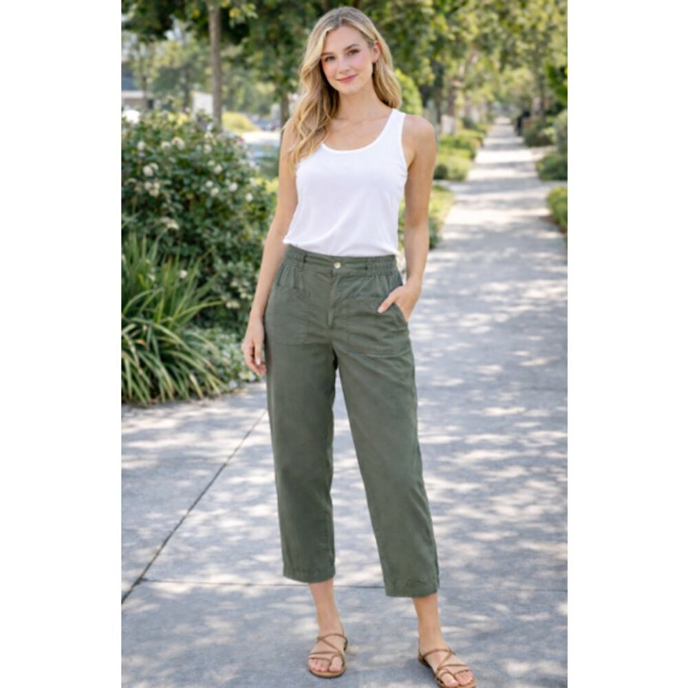 Zara Womens Barrel Leg Pants Army Green Utility Boho Casual Sz L Light Weight